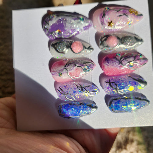 Handmade Celestial Soft Pastel Goth Abstract Acrylic Press-On Nails | Glitter Chrome 3D | Medium Short Almond