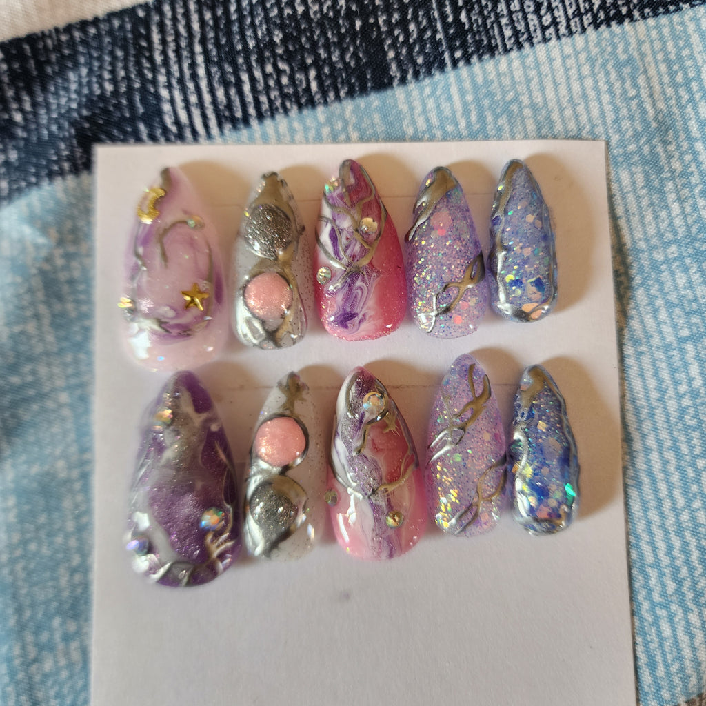 Handmade Celestial Soft Pastel Goth Abstract Acrylic Press-On Nails | Glitter Chrome 3D | Medium Short Almond