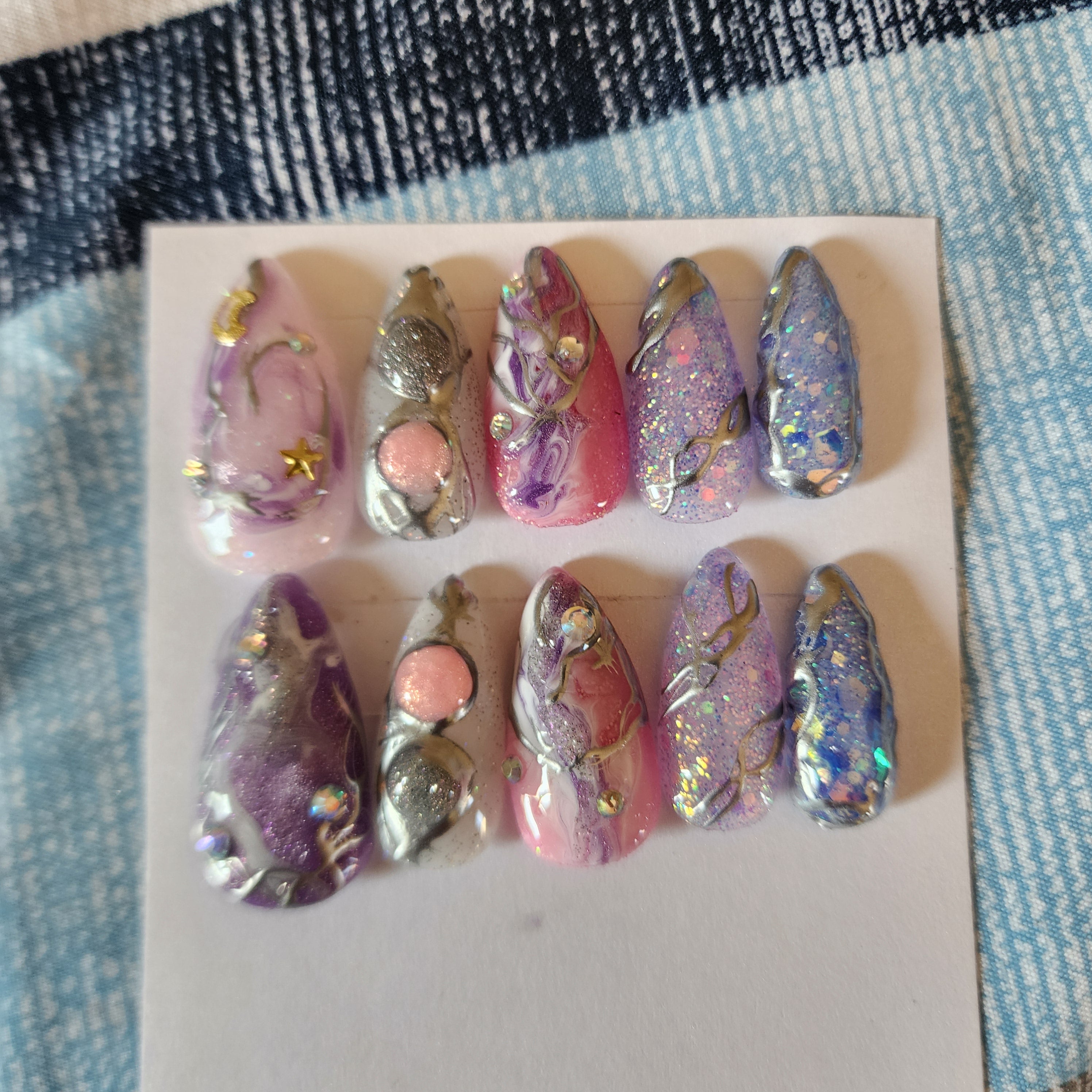 Handmade Celestial Soft Pastel Goth Abstract Acrylic Press-On Nails | Glitter Chrome 3D | Medium Short Almond
