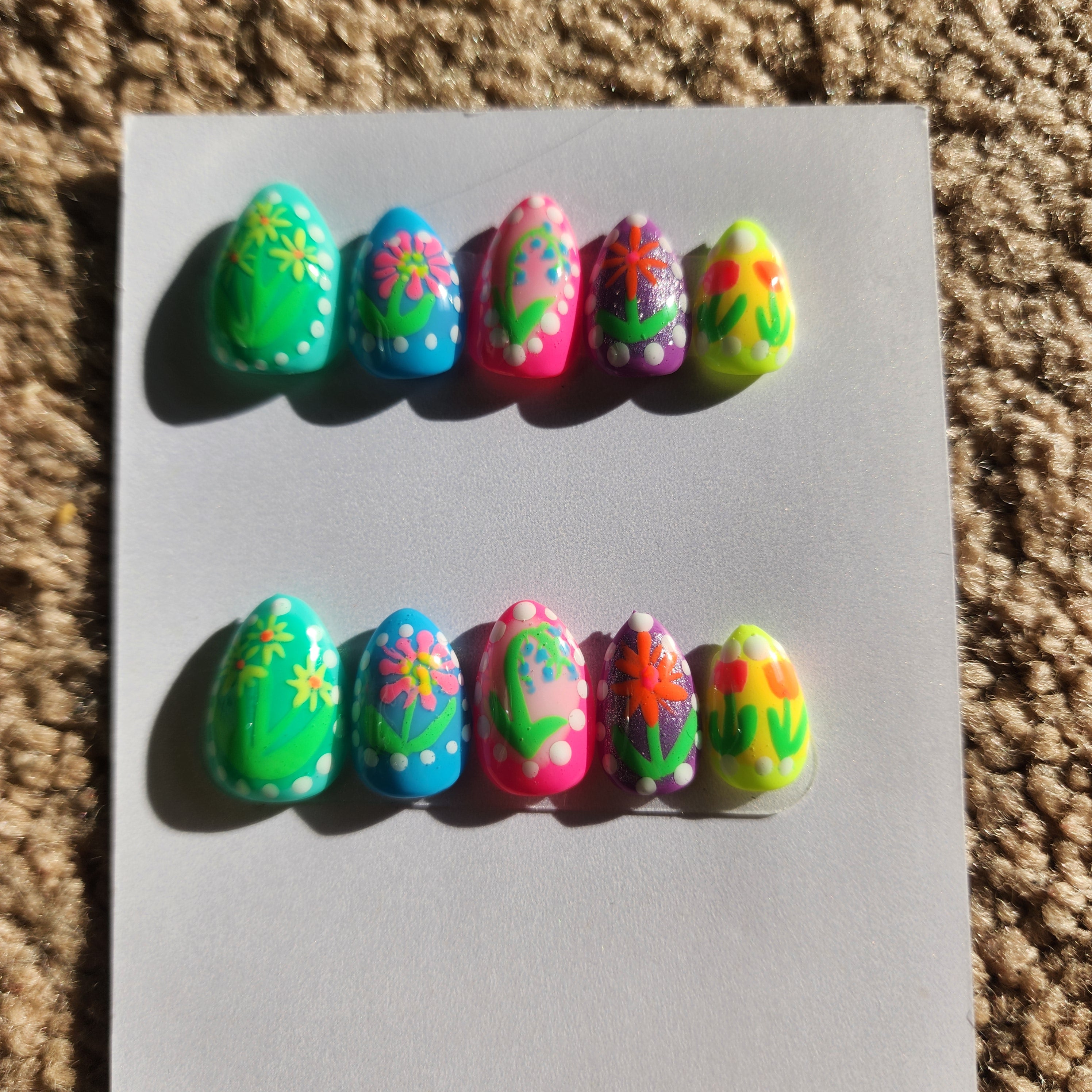 Handmade Neon Glow in the Dark Floral Gel Press-On Nails | Medium Extra Short Almond