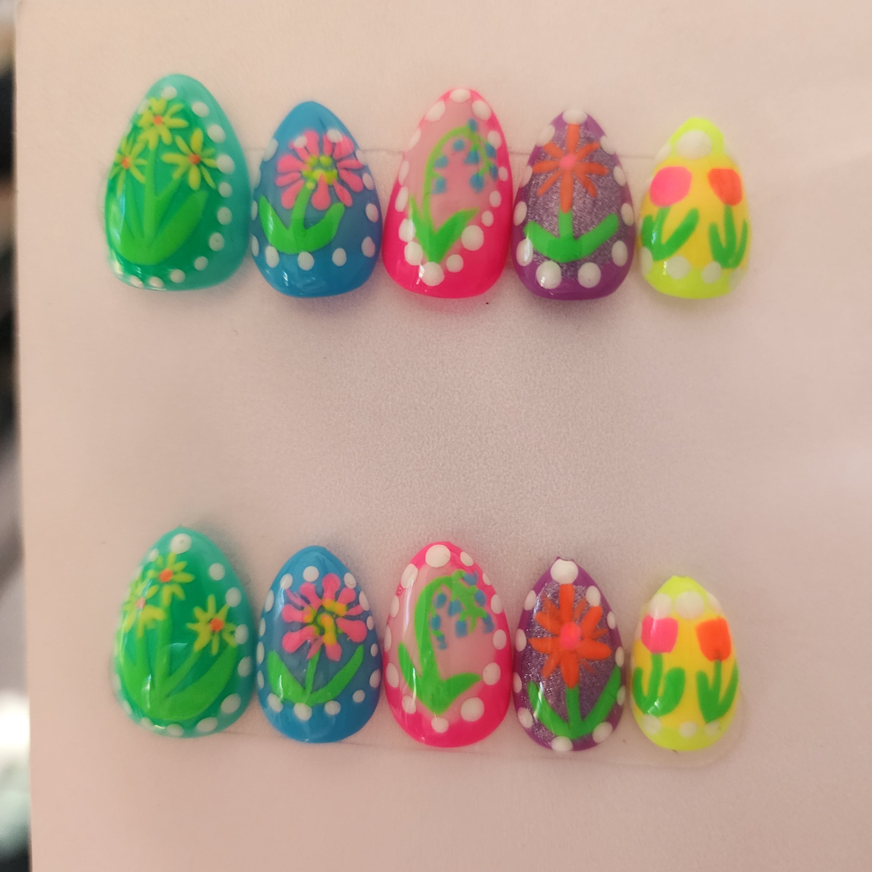 Handmade Neon Glow in the Dark Floral Gel Press-On Nails | Medium Extra Short Almond