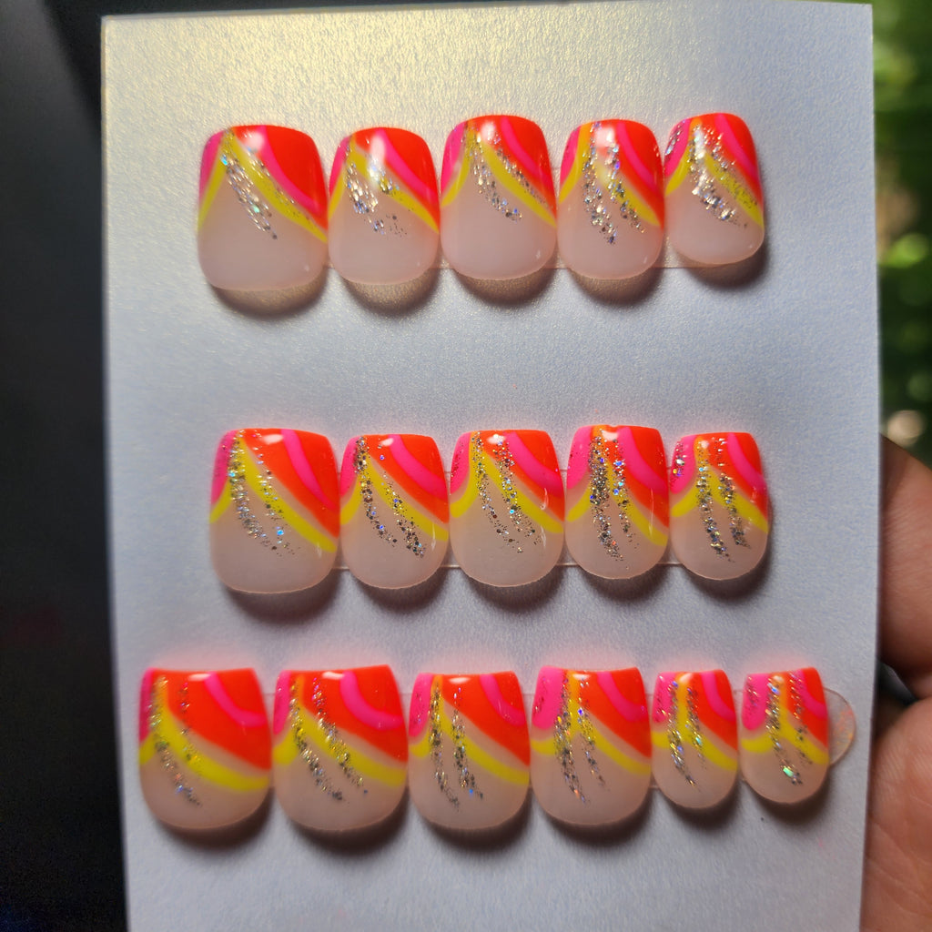 Handmade Summer Neon Glow in the Dark Acrylic Press-On Nails | Pink Orange Yellow Glitter | Medium Extra Short Coffin