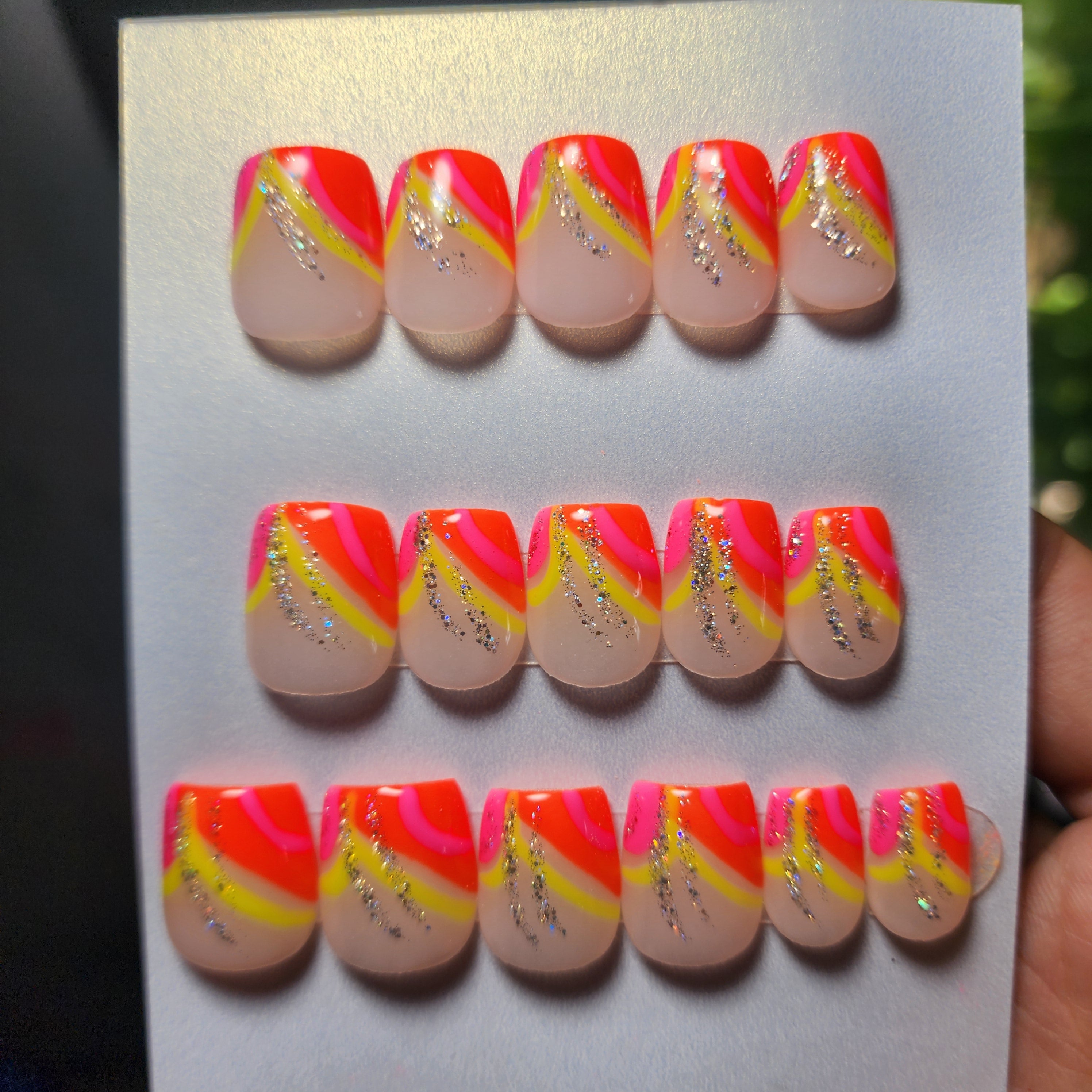 Handmade Summer Neon Glow in the Dark Acrylic Press-On Nails | Pink Orange Yellow Glitter | Medium Extra Short Coffin