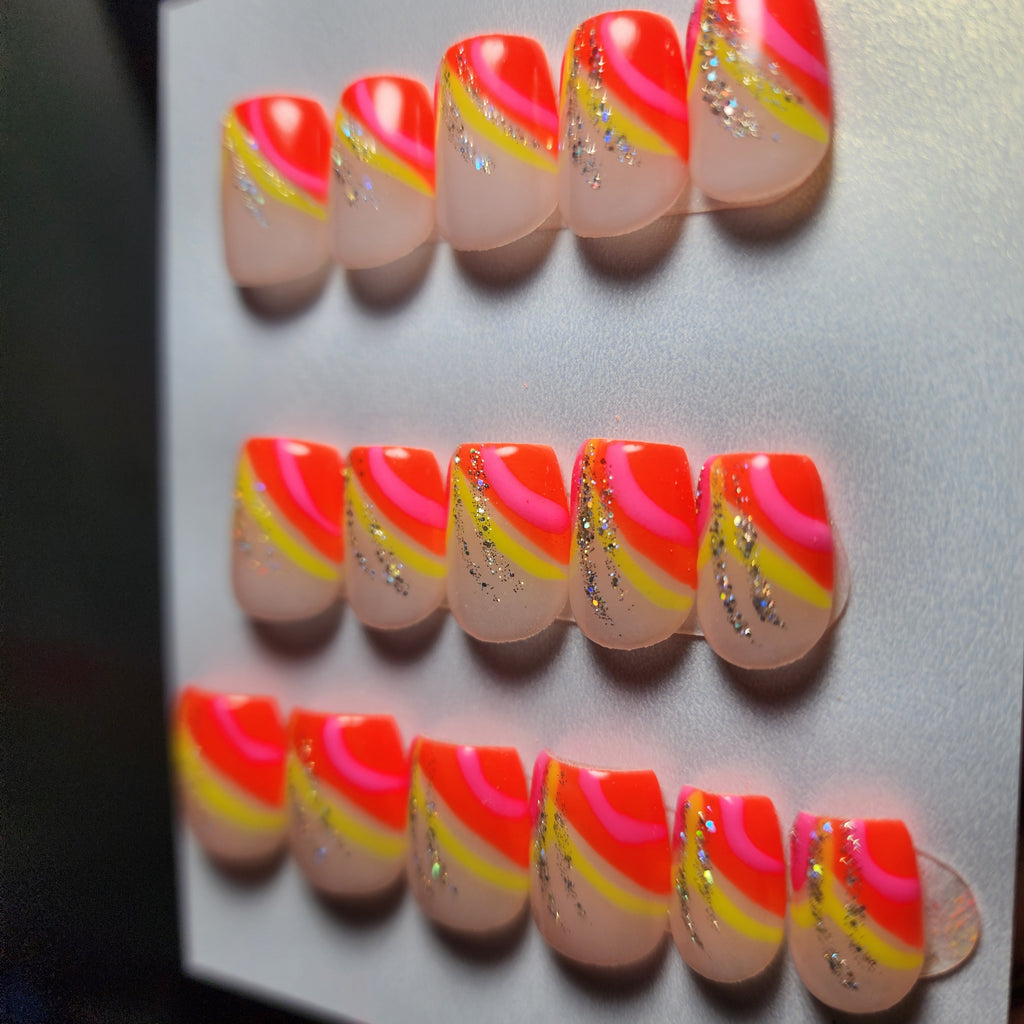 Handmade Summer Neon Glow in the Dark Acrylic Press-On Nails | Pink Orange Yellow Glitter | Medium Extra Short Coffin