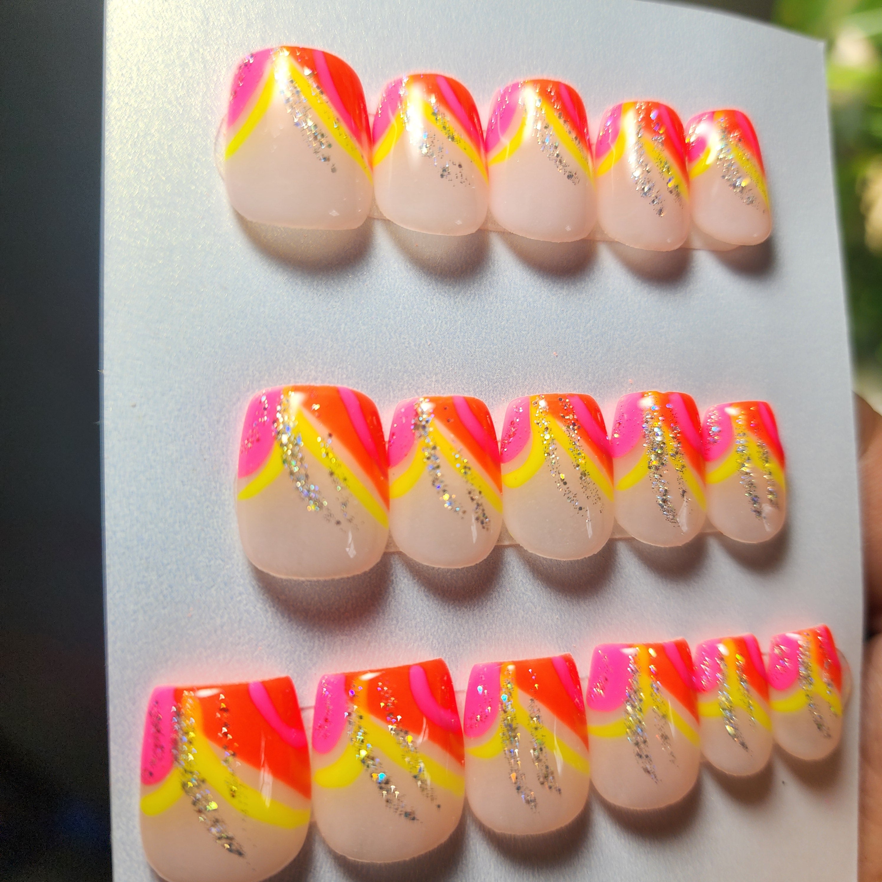 Handmade Summer Neon Glow in the Dark Acrylic Press-On Nails | Pink Orange Yellow Glitter | Medium Extra Short Coffin