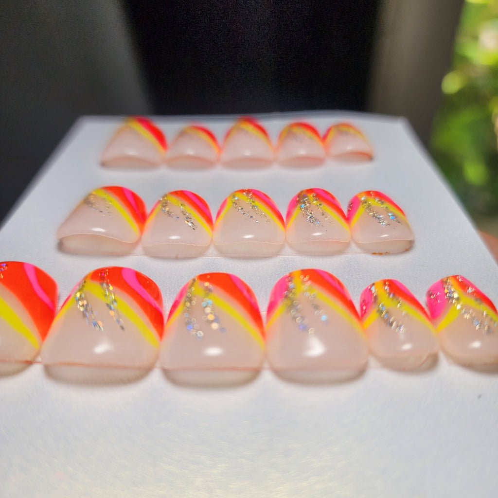 Handmade Summer Neon Glow in the Dark Acrylic Press-On Nails | Pink Orange Yellow Glitter | Medium Extra Short Coffin